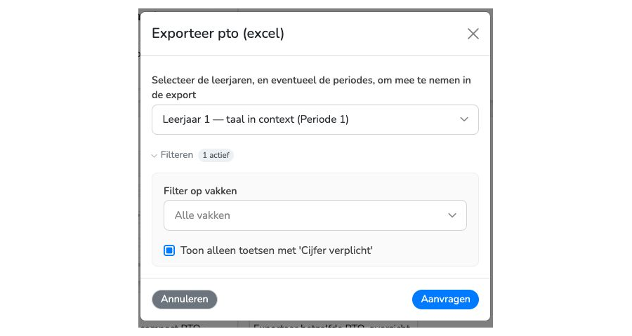 PTO-export met leerjaar en periode, Filter op vakken en Toon alleen toetsen met Cijfer verplicht. Fictief VO-voorbeeld.