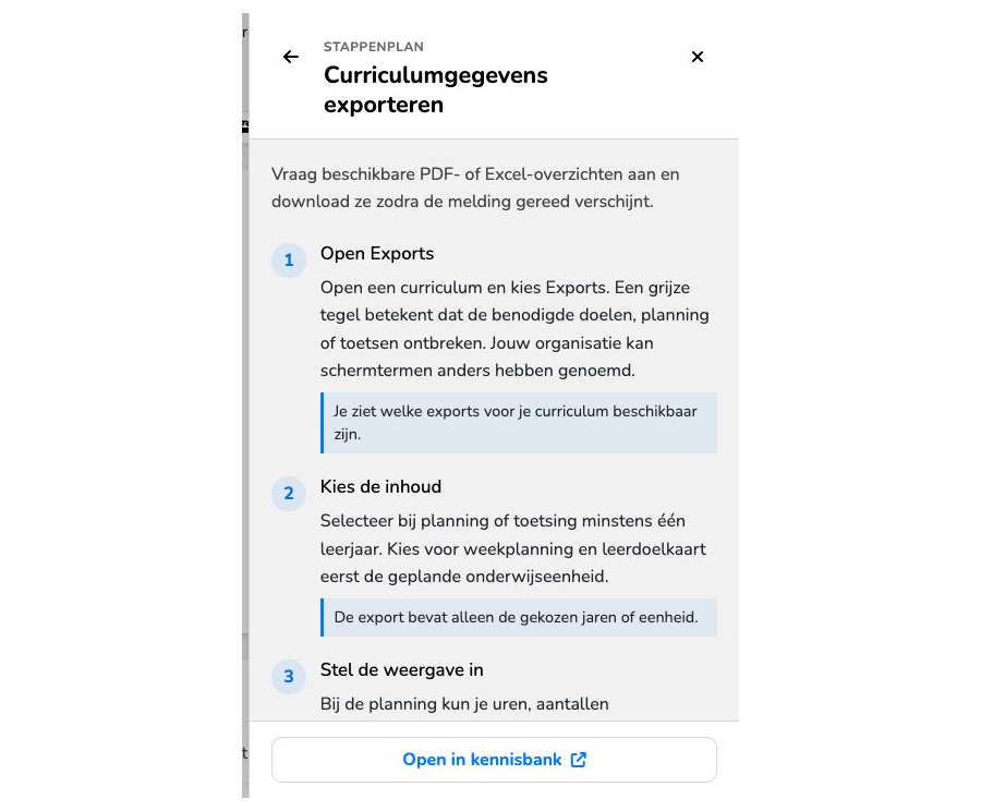 Schermhulp naast het fictieve MBO-curriculum. Lees de stappen in het zijpaneel of kies Open in kennisbank.
