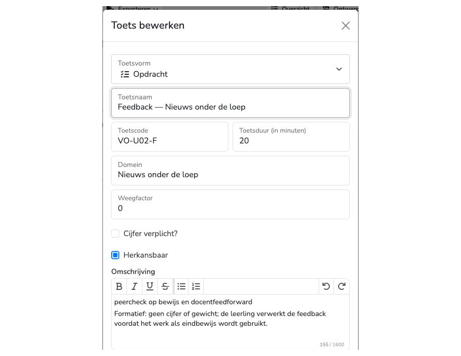 Een ingevulde toets met toetsvorm, naam, code, weegfactor en Cijfer verplicht. Fictief VO-voorbeeld.