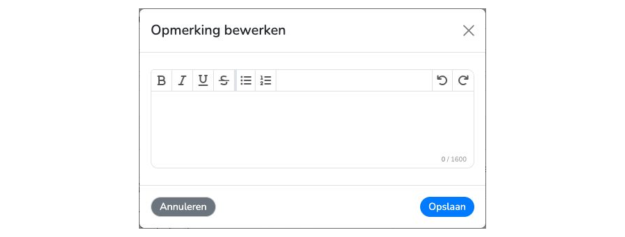 Het venster Opmerking bewerken met een leeg tekstveld en Opslaan. Een bestaande weekopmerking verwijder je door de tekst leeg op te slaan.